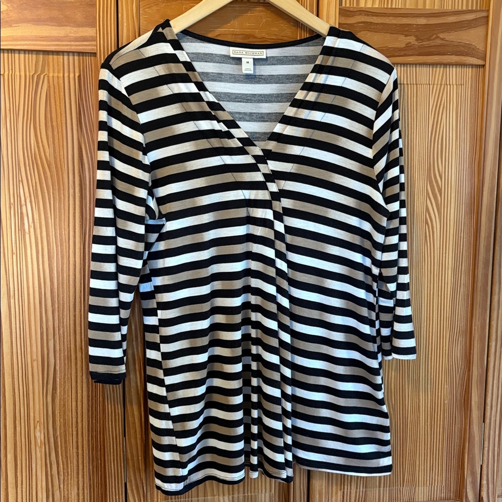 Dana Buchman Striped, Layered Front V-Neck,3/4 Sleeve Top